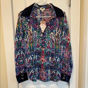 Umgee Multicolor Patterned Blouse with Navy Velvet Accents